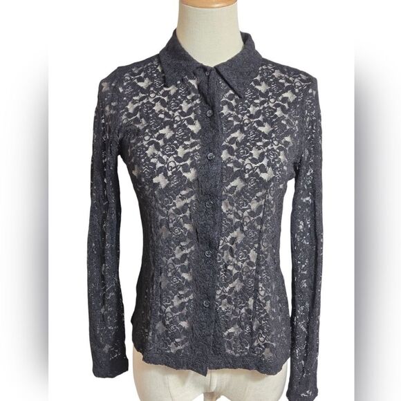 Black Rose Lace Sheer Stretch Collared Button-Up Top - Picture 1 of 5